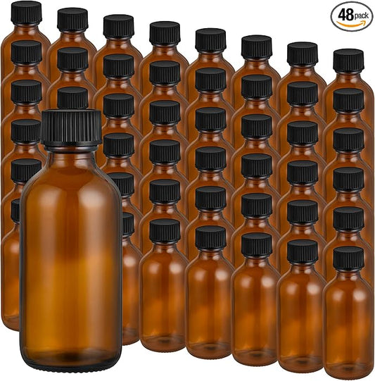 Exlvanto Small Glass Bottles with Lids Boston Round Shot Bottles for Health, Immunity, Ginger Juice, Essential Oils, Potion - Leak Proof Mini Travel Containers (Amber UV, 2oz-48Pack)