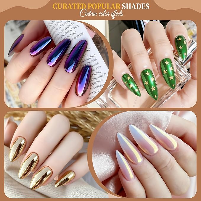 Artdone 16 Colors Chrome Nail Powder, Iridescent Aurora Chameleon Powder Metallic Mirror Effect Pigment Pearlescent Mermaid Pearl Glitter Dust Kit, Nail Art Decoration, Resin Craft