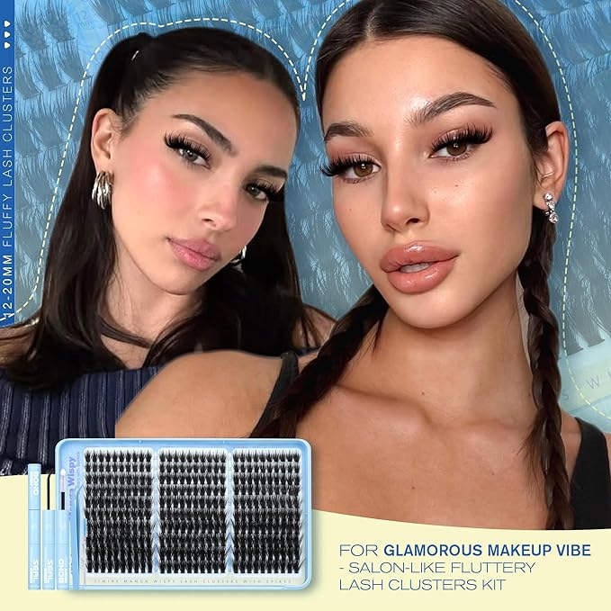 Lash Clusters Kit Manga Eyelash Clusters 300Pcs Wispy Lash Extension Kit with Bond and Seal Lash Glue 12-20MM D Curly Natural Lashes Clusters with Spikes by JIMIRE
