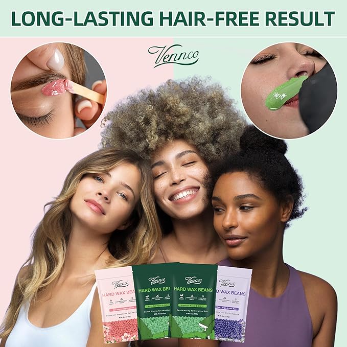Vennco Hard Wax Beads Kit for Hair Removal, 36 Pieces Wax Beads for Full Body, Face, and Brazilian Bikini, Aloe, Lavender, Cherry Blossom - Includes Pre and Post Wax Oils