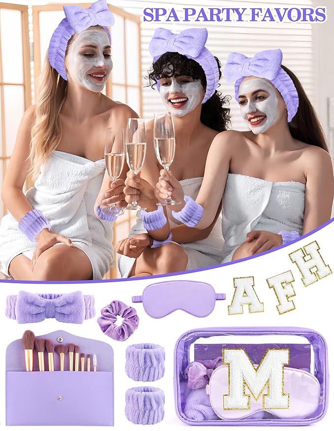 Gift Sets for Women, Initial Makeup Bag with Makeup Brush Set Bachelorette Party Favors, Purple Spa Kit with Skincare Headbands Wrist Bands Sleepover Party Supplies Gifts for Teen Girls Bridesmaid M