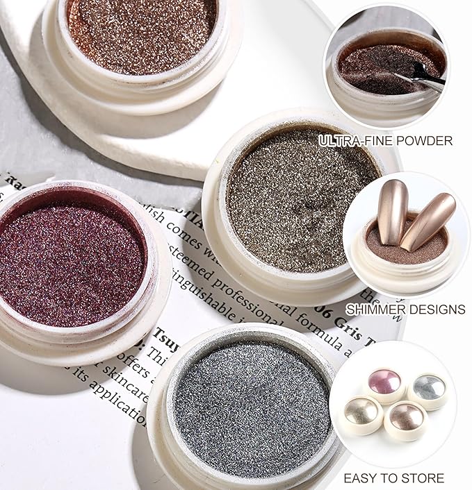 SUTOKAKA 4 Color Chrome Nail Powder Set Holographic Metallic Mirror Effect Nail Chrome Glitter Silver Copper Rose Gold Champane Glazed Donut Nail Dust Manicure Pigment for DIY Nail Art Design
