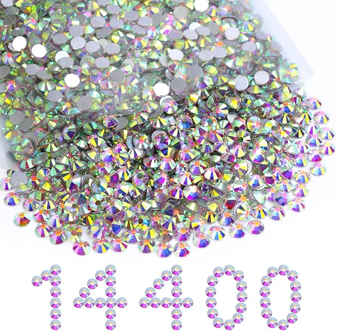 MEIBITE Flatback Rhinestones Bulk, 14400PCS Crystal AB Rhinestones for Clothes DIY Decoration Crafts, Crystal AB, SS10, 2.7-2.9mm