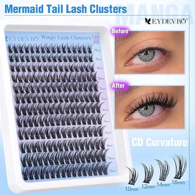 EYDEVRO Wispy Lash Clusters Natural Eyelash Clusters 10-16mm Cluster Eyelash Extensions 192 Pcs Individual Lashes CD Curvature Cluster Lashes Comfortable Soft Thin Band DIY Lash Extensions