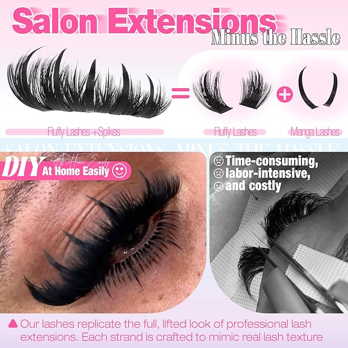 Fluffy Lash Clusters Kit 200D Volume Eyelash Clusters with Spikes 300Pcs DIY Lash Extension Kit Manga Cluster Eyelash Extensions Wispy Cluster Lashes Fairy Eyelash Extension Kit