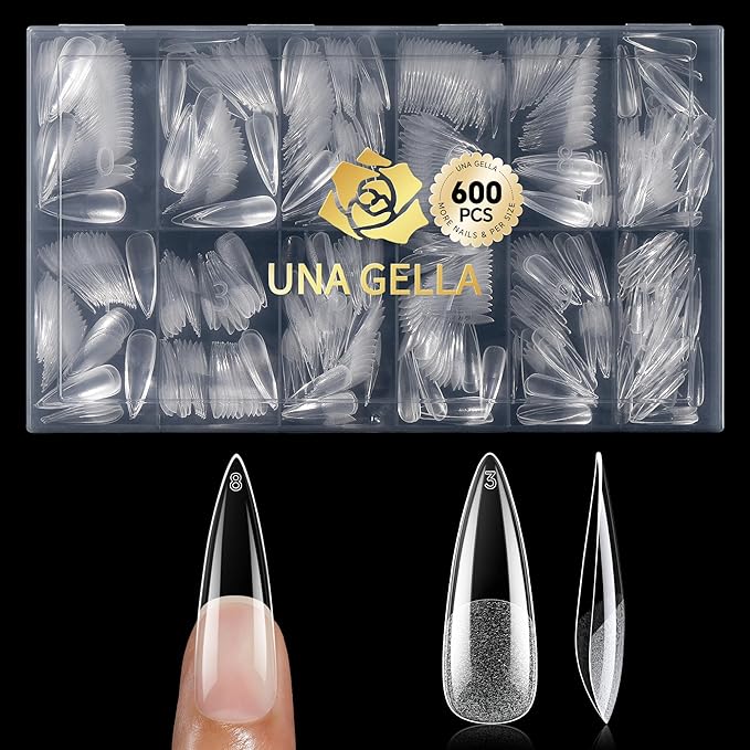 UNA GELLA Long Stiletto Gel Nail Tips, 600Pcs Pre Etched Long Stiletto Almond Nail Tips Clear Fake Nails Press on Nails No C Curve for DIY Art Salon at Home 12 Sizes