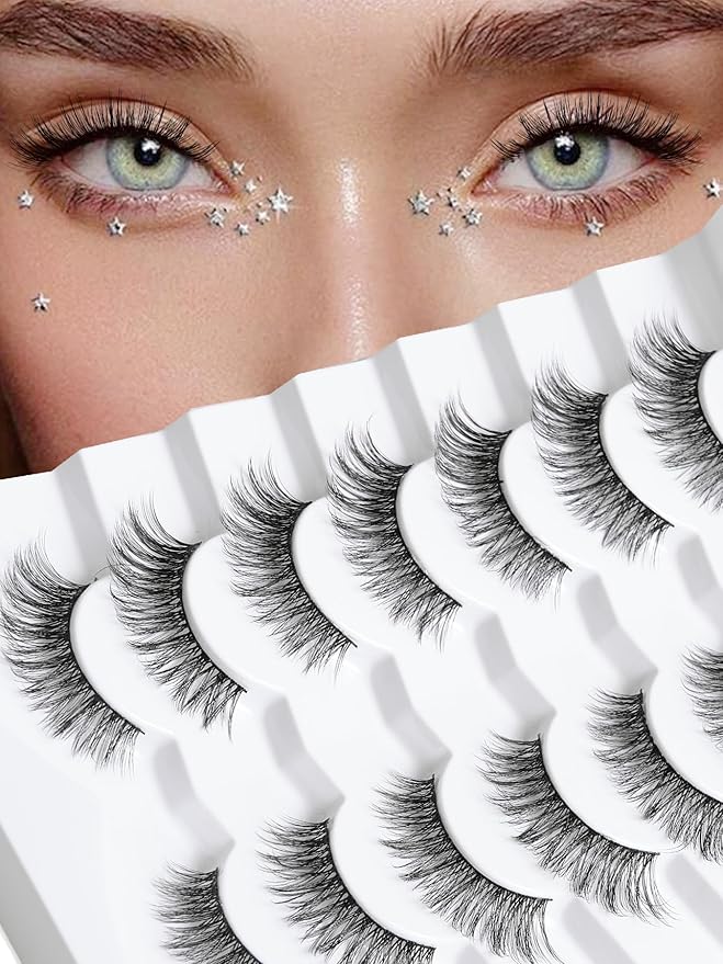 Cat Eye Lashes - Natural 15mm Wispy False Eyelashes, Thin Band, 3D Volume, Curly, 7 Pair Pack
