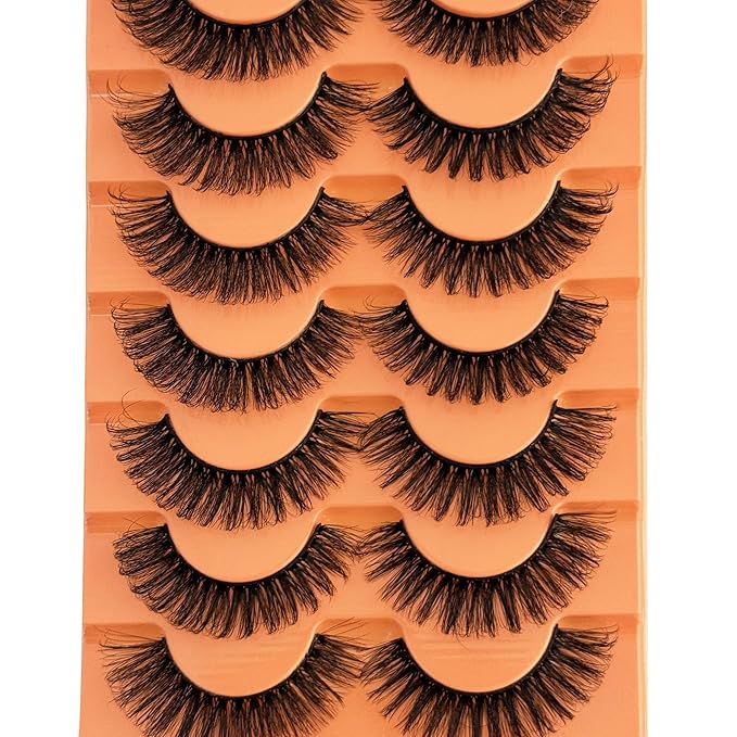 YASNAI Short Lashes Natural Look D Curl Eyelashes that Look Like Extensions Strip False Thick Volume Lash Pack 8-14mm Full 7 Pair Fluffy Wispy Cat Eye Mega Double Stacked Eyelash Small Fake Lashes