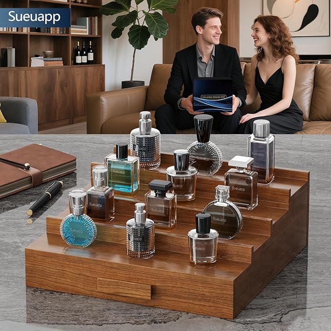 Cologne Organizer for Men,4 Tier Walnut Wood Cologne Stand,Cologne Shelf Display Holder with Hidden Storage and Drawer,Perfume Stand Organizer Great Gift for Men,Walnut