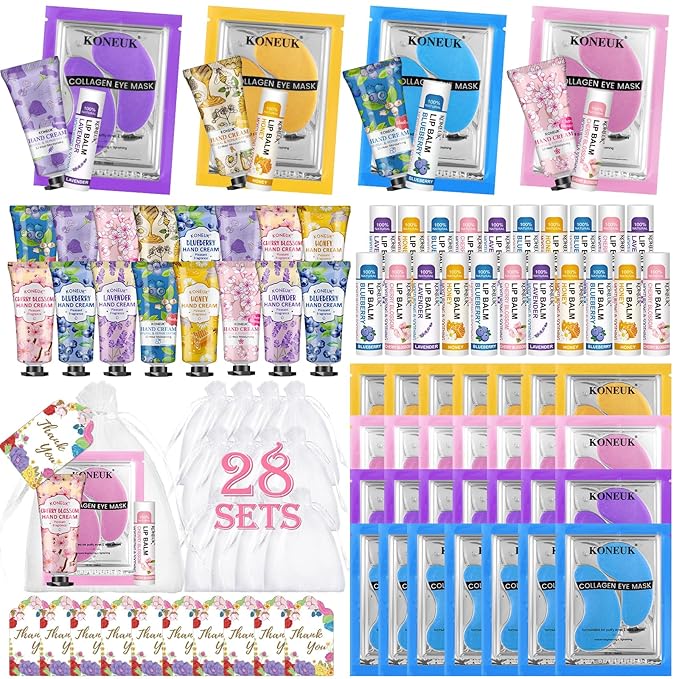 84 Pcs Bulk Gifts for Women,Teengirls, Under Eye Patches, Hand Creams & Lip Balms, Spa Party Supplies, Party Favors for Bridal Wedding, Baby Shower, Sleepover Party, Christmas Stocking Stuffers