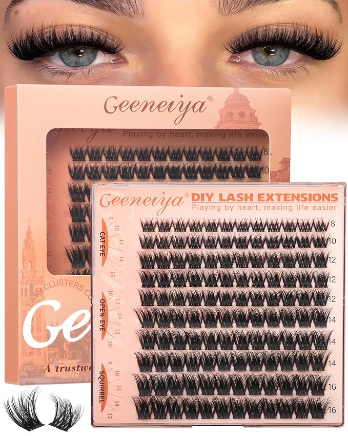 Geeneiya Fluffy Lash Clusters 8-16mm, Natural 3D Fluffy Effect Eyelash Clusters, C Curl DIY Cluster Eyelash Extensions for Salon-Like Lashes at Home