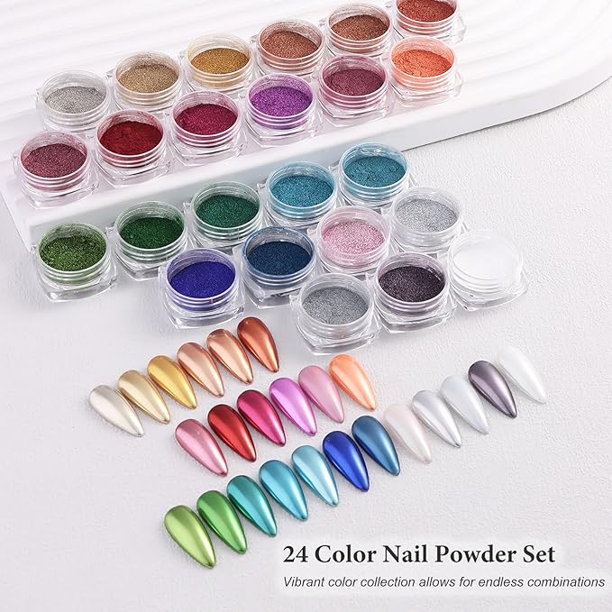 SUTOKAKA 24 Colors Chrome Nail Powder Set Metallic Mirror Effect Holographic Nail Powder Iridescent Aurua Nail Chrome Powder Pigment Dust for Nail Art Decor French Manicure Supplies