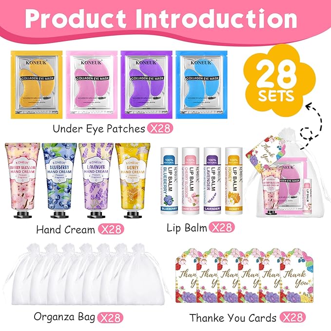 84 Pcs Bulk Gifts for Women,Teengirls, Under Eye Patches, Hand Creams & Lip Balms, Spa Party Supplies, Party Favors for Bridal Wedding, Baby Shower, Sleepover Party, Christmas Stocking Stuffers