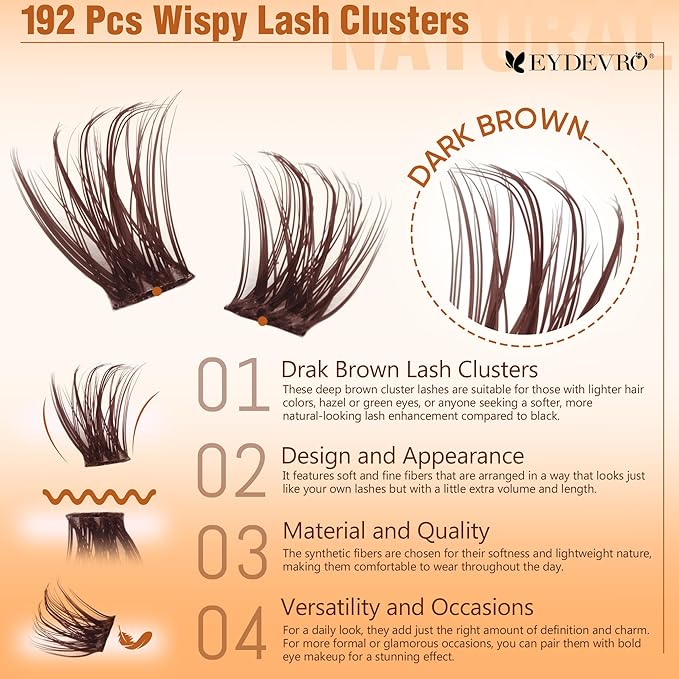 EYDEVRO Brown Lash Clusters Natural Wispy Eyelash Clusters 9-18mm Dark Brown Cluster Eyelash Extensions CD Curvature 192 Pcs Manga Fairy Cluster Lashes Individual Lashes DIY Lash Extensions