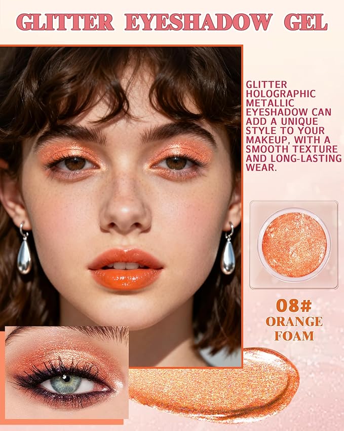 Sparkle Single Eyeshadow Cream, Orange Mousse Glitter Highly Pigmented Eye Shadow, Long-Lasting Blendable Shimmer Eyeshadow, Lightweight Eye Shadow Makeup Palette Christmas Party Gift for Women-08