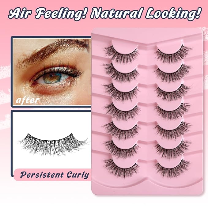 Eyelashes Natural Cat Eye Lashes 16mm Flase Eyelashes Flared Strip Lashes Fluffy False Lashes That Look Like Extensions C Curl Wispy Lashes Siligli Soft Lashes Pack 7 Pair
