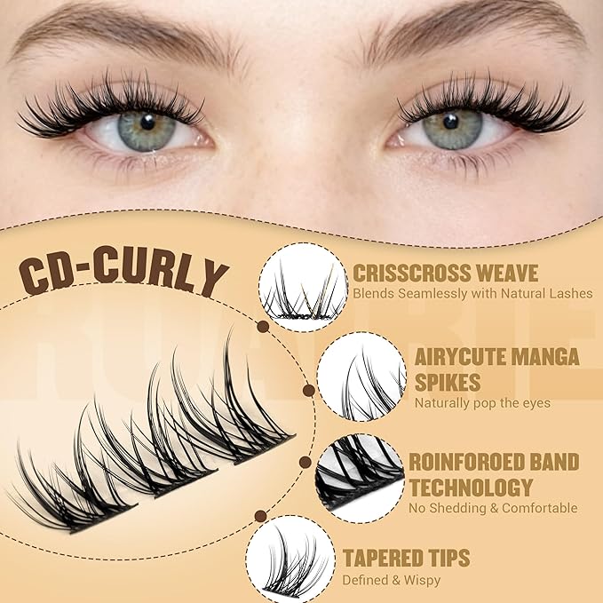 Manga Lash Clusters Kit Natural Eyelash Clusters Kit Wispy Lash Extensions 180pcs Spiky Cluster Eyelash Extensions C Curly 11-13mm Eyelash Extension Kit with Bond, Seal and Tweezers by Ruairie