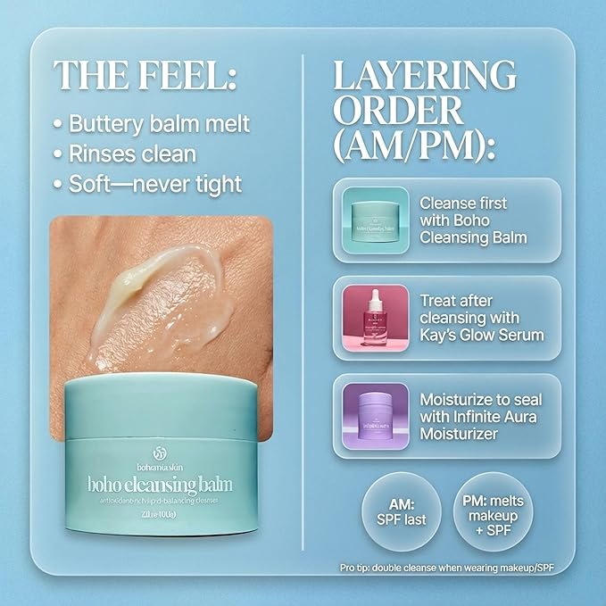 BOHO Skin Cleansing Balm - Hydrating & Moisturizing Facial Cleanser & Makeup Remover Balm for All Skin Types - Natural Deep Pore Cleanser with Vitamin E & Botanical Extracts (2oz)