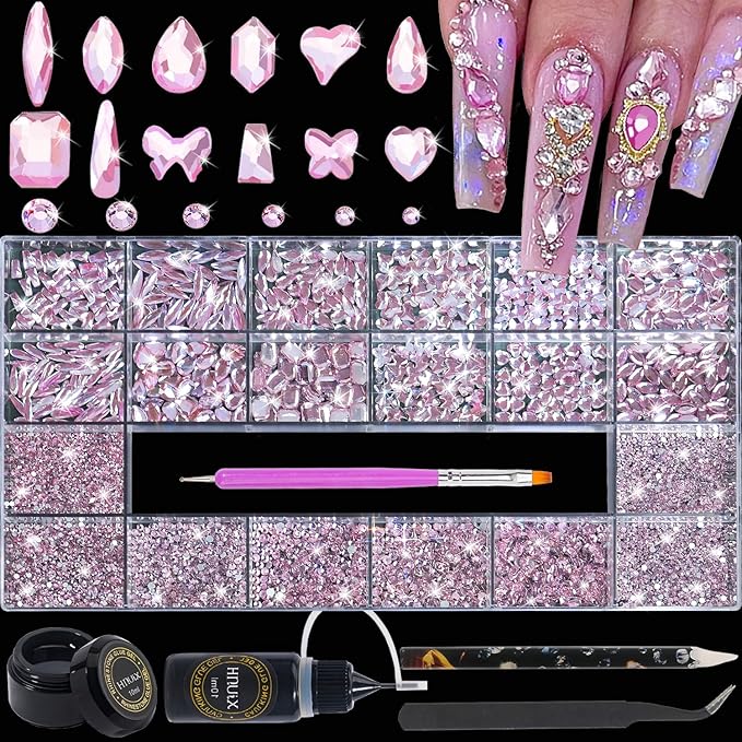 HNUIX Nail Rhinestones - 4550pcs Light Pink, Multiple Shape Gems, Flatback Crystal Rhinestones for Nails Decor Designs Kits