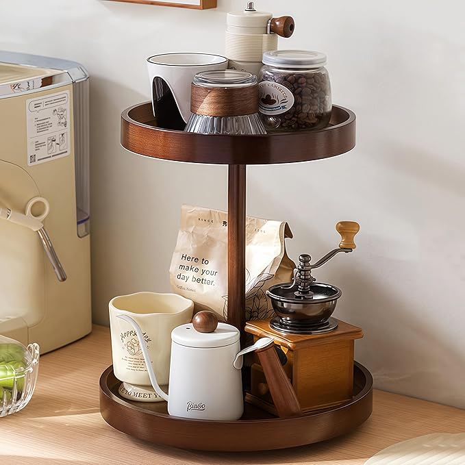 SANRETAHO 2-Tier Bamboo Rotating Makeup Organizer, 360° Spinning Vanity Organizer for Perfume & Skincare, Space-Saving Countertop Cosmetic Storage Organizer for Bathroom, Brown
