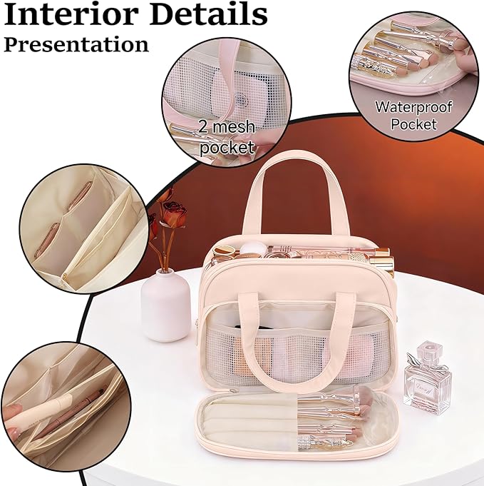 VISSUX Travel Makeup Bag, Large Capacity Waterproof Cosmetic Bag for Women, Opening Storage Toiletry Bag With Handle and Divider, Portable Makeup Organizer Bag for Travel & Daily Use (PINK)