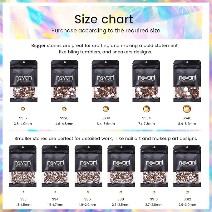 Novani Brown Rhinestones Flatback Rhinestones Glass Nail Gems Stones Jewels Round Gemstones Non-Hotfix Crystal,SS6,1440 Pieces,Topaz
