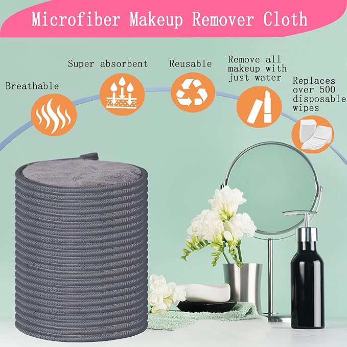 Large Reusable Makeup Remover Pads for Face, Soft Microfiber Makeup Remover Cloths Washable, Premiun 5 INCH Face Cleaning Pad with Laundry Bag, 24 Pack Grey