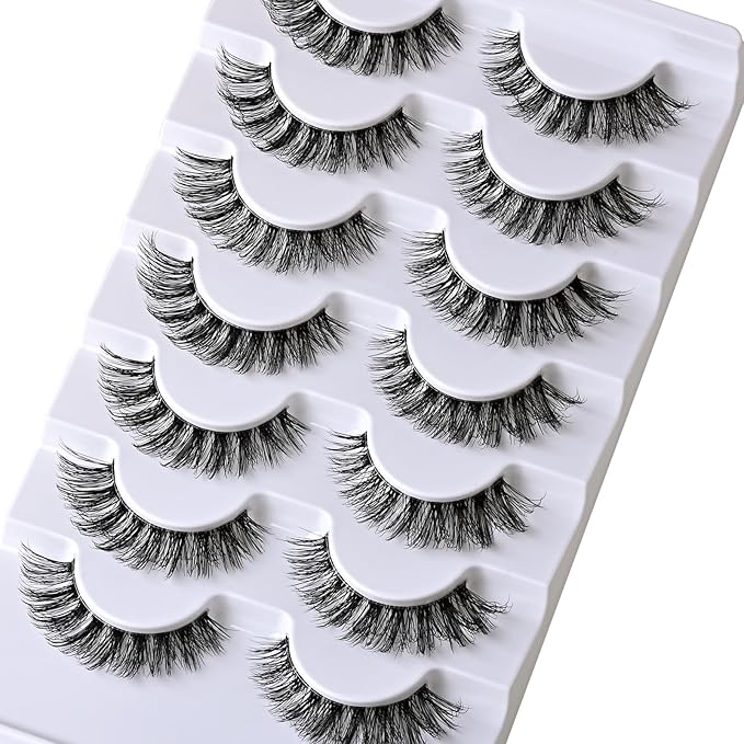 Lashes Wispy False Eyelashes Natural Cat Eye Strip Lash Fluffy Fake Lashes Strips Clear Band Mink Eyelash Natural Look Cateye Demi Wispies Eye Lashes Pack 7 Pairs Short Full Pestañas Set
