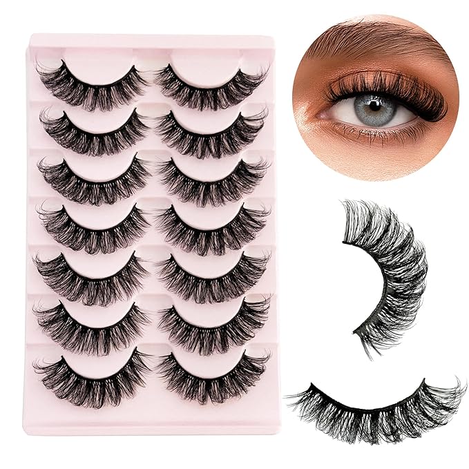 Short Lashes Natural Look D Curl 8-14mm Mink Eyelashes Fluffy that Look Like Extensions Strip False Volume Lash Pack Full 7 Pair Wispy Cat Eye Mega Double Stacked Thick Eyelash Small Fake Lashes