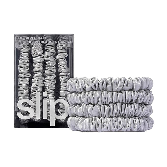 slip Silk Skinny Scrunchies - Silver | Set of 4 Skinny Scrunchies | 100% Mulberry Silk, Anti-Crease, Gentle on Hair, Reduces Breakage | Stylish & Durable, Ideal for All Hair Types