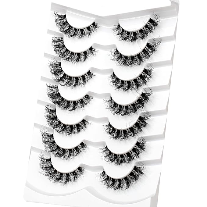 Pooplunch Fake Eyelashes Faux Mink Lashes Strips Cat Eye Wispy Volume Lashes D-Curly Clear-Band Natural 8D Extensions Wispies Short False Eyelash 7 Pairs Pack