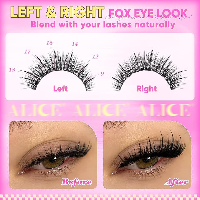 ALICE Lash Clusters Cat Eye Eyelash Clusters Wispy Fairy Cluster Eyelash Extensions Manga Individual Lashes Natural CD Curly Left & Right Lash Extension DIY Cluster Lashes with Spikes