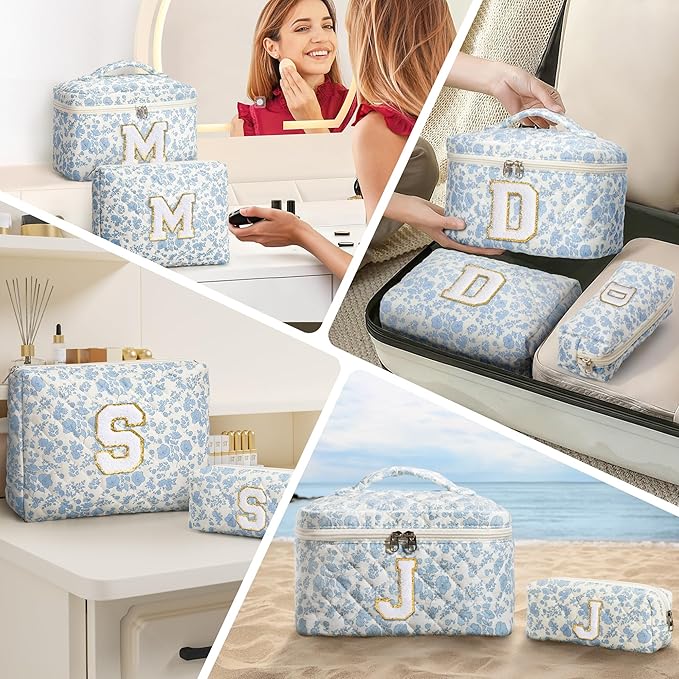 Birthday Gifts for Teen Girl Women, Personalized Initial Makeup Bag Quilted Cosmetic Bag Make Up Bags Travel Toiletry Bags Teen Girl Gifts Trendy Stuff Valentines Day Gift for Wife Mom Daughter Friend