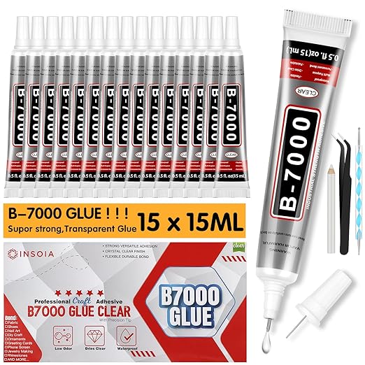 B7000 Rhinestone Glue Clear 15 PCS 15ml – Strong Transparent No Trace Jewelry Glue Kit with Precision Tip, Quick Dry Multi-Purpose Adhesive for Making Nail Makeup Fabric Shoes Craft Phone Repair