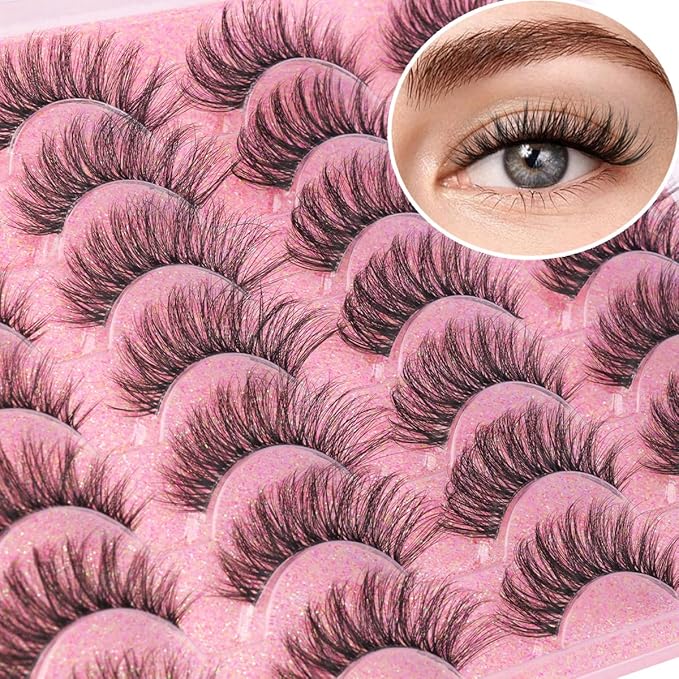 Lashes Natural Look Faux Mink Eyelashes Wispy Clear Band Lashes 16mm Natural False Lashes Cat Eye Short Strip Lashes Pack 14 Pairs