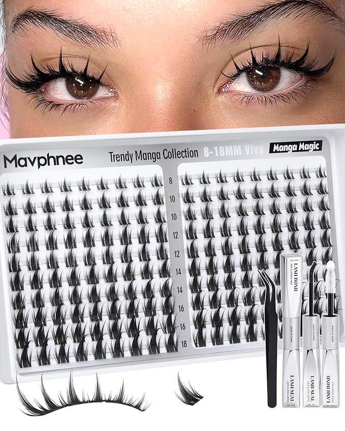 Viva Lash Clusters Kit Manga Eyelash Clusters Anime Individual Lashes Spiky Cluster Eyelash Extensions Kit 8-18MM Fairy Cluster Lashes Clear Band Lashes Clusters with Bond and Seal Lash Glue