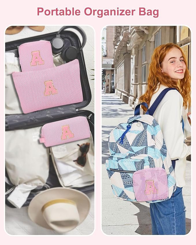 MONSTINA Personalized Initial Makeup Bagfor Women,Make Up Case for Girlfriend Bridesmaid Wife,Birthday Gift for Her Cute Toiletry Bag,3PCS,Pink Z