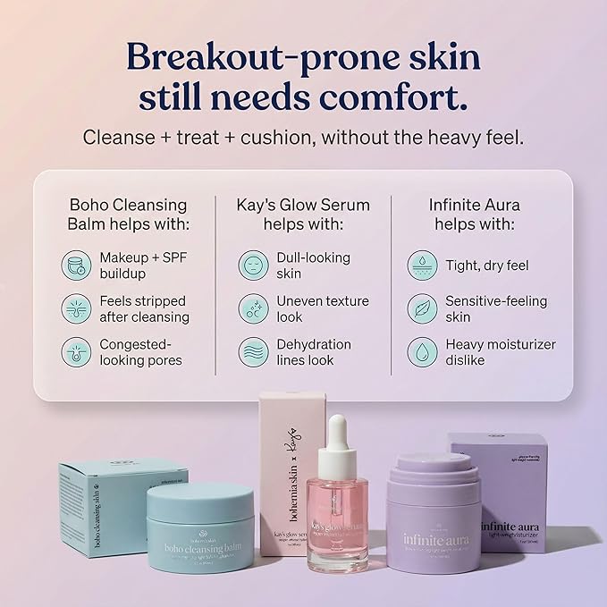 Kay’s Glow Serum + Infinite Aura Moisturizer + Boho Cleansing Balm – Oxygen-Infused THDA Vitamin C with Gentle AHA for Face and neck | Hydrates, Soothes and Brightens Bundle