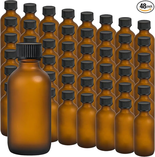 Exlvanto Small Glass Bottles with Lids Boston Round Shot Bottles for Health, Immunity, Ginger Juice, Essential Oils, Potion - Leak Proof Mini Travel Containers (Amber Frosted, 2oz-48Pack)