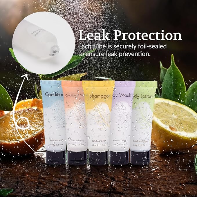 NISGUR Leak-Proof Travel Size Body Wash 1 Oz Each Pack of 100 Bulk Pack Hotel Body Wash Santal and Orange Scent Amenities and Toiletries for Hospitality
