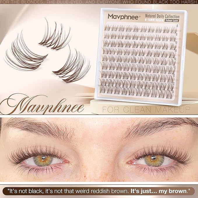 Brown Lash Clusters Velour Natural Eyelashes 8-14MM Individual Lashes Clear Band Cluster Eyelash Extensions Wispy Cluster Lashes Dark Brown Eyelash Clusters for Natural Enhancement