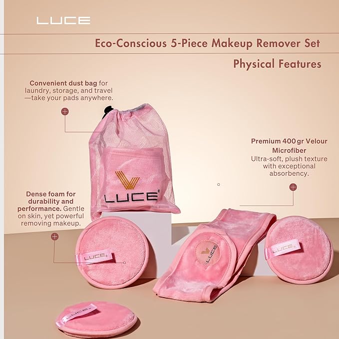 LUCE Lazy Eraser Makeup Remover Pads - Reusable Makeup Remover Pads (Pink, 5-Pack)