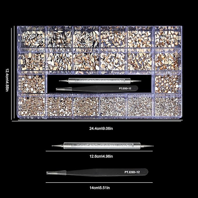 Yzzseven 12 Types of 600 Champagne Diamonds + 2500 Flat Rhinestones Mix 20 Styles Flatback DIY Crafts Rhinestone Crystals 3D Ornament‌s Flat Back Stones Set + Tweezers + Drill Pen
