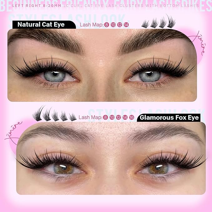 JIMIRE Wispy Lash Clusters Fairy Eyelash Clusters with Spikes 8-20MM LC Curl Cat Eye Cluster Eyelash Extensions with Bottom Lashes Clusters DIY Fox Eye Individual Lashes at Home 116Pcs Pack