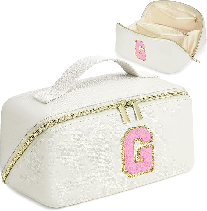 for Valentines Day Gifts, Makeup Bag for Women, PU Leather Travel Toiletry Bags, Initial Make Up Cosmetic Pouch for Teen Girls, Wide Open Portable Skincare Bag, Personalized Birthday Gifts, White G