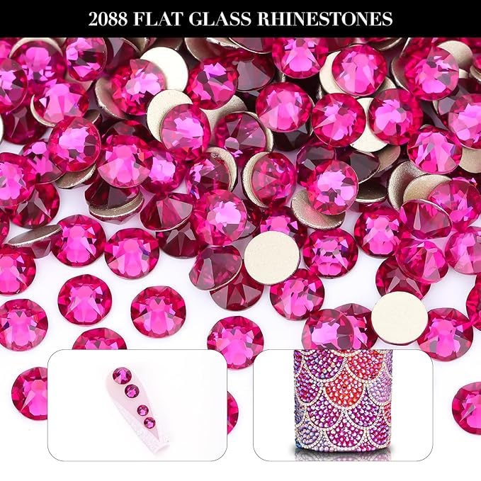 Novani Fuchsia Rhinestones 288pcs Flat Back Round Rhinestone Style 2088 Sparkly Crystal Gemstones for Nail Art and Crafting SS30,6.4-6.6mm