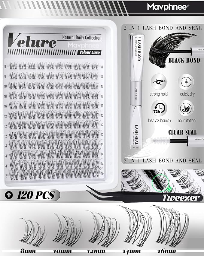 Clear Band Lash Clusters Kit Natural Cluster Eyelash Extensions Kit Wispy Individual Lashes CC-Curly Cluster Lashes Venus Eyelash Clusters Lash Bond and Seal Easy DIY Lash Kit (Velure, 8-16MM)