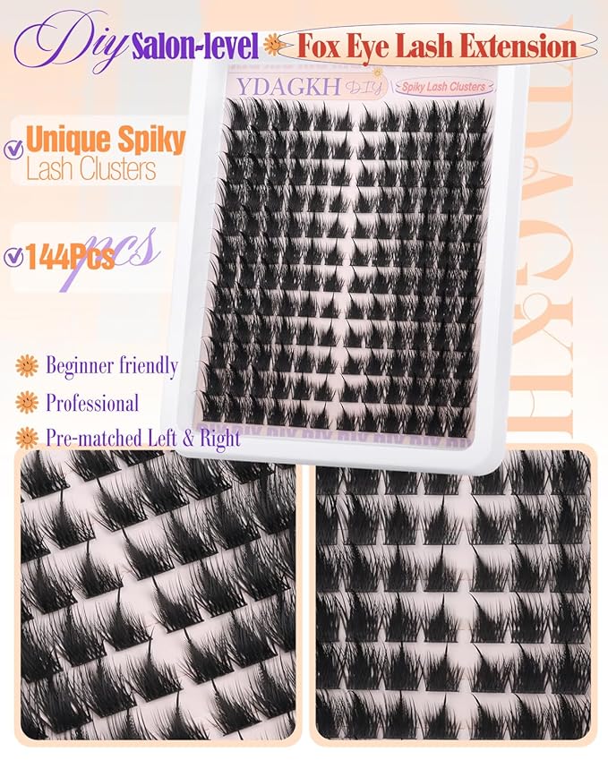 YDAGKH Lash Clusters Spiky Eyelash Clusters Fox Eye Cluster Eyelash Extensions Unique Spikes Individuals Manga Lash Extension 144Pcs DIY Fairy Anime Cluster Eyelashes Volume Cat Eye Lashes Long