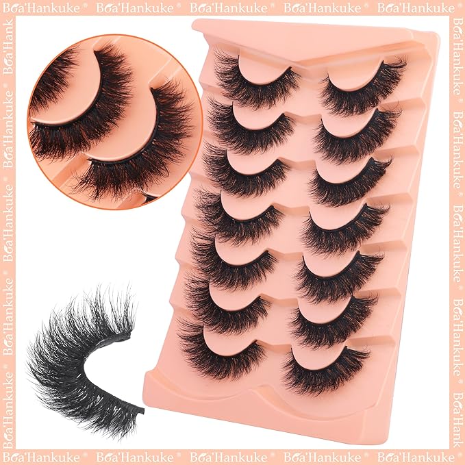 Boahankuke False Eyelashes Mink Lashes Full 18MM Cat Eye Lashes D Curvature Wispy Fake Lashes 8D Natural Strip Lashes Volume Lightweight Lashes Pack with Soft Cotton Band,7 Pairs