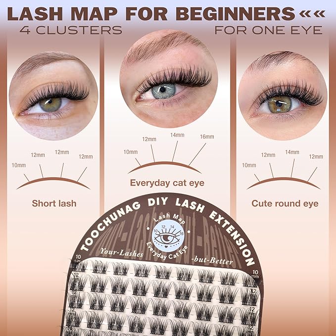 TOOCHUNAG Natural Lash Clusters Wispy Eyelash Clusters D Curly Volume Individual Lashes 10-16MM Cluster Eyelash Extensions DIY Lash Extension Thin Band Soft False Lashes Clusters